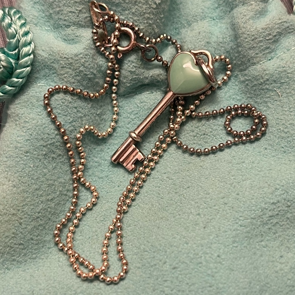 Tiffany & Co. Enamel Heart Key Necklace on Ball Chain | Vintage